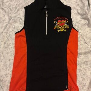 Black and Orange Sleeveless Zip-Up Top